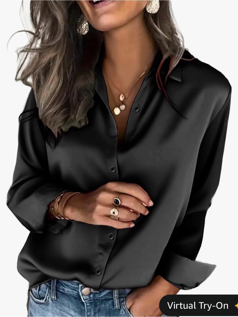 Black Satin Button-Up Women’s Top